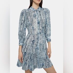 Theory Silk Vol Mini Shirtdress Teal Cascade Print